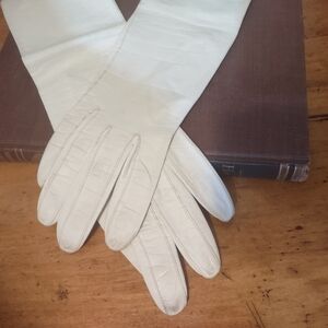 Sm Vintage Elegant White Leather Gloves Elbow Length